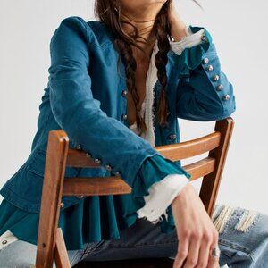 Free People Deep Teal Ruffle Blazer
